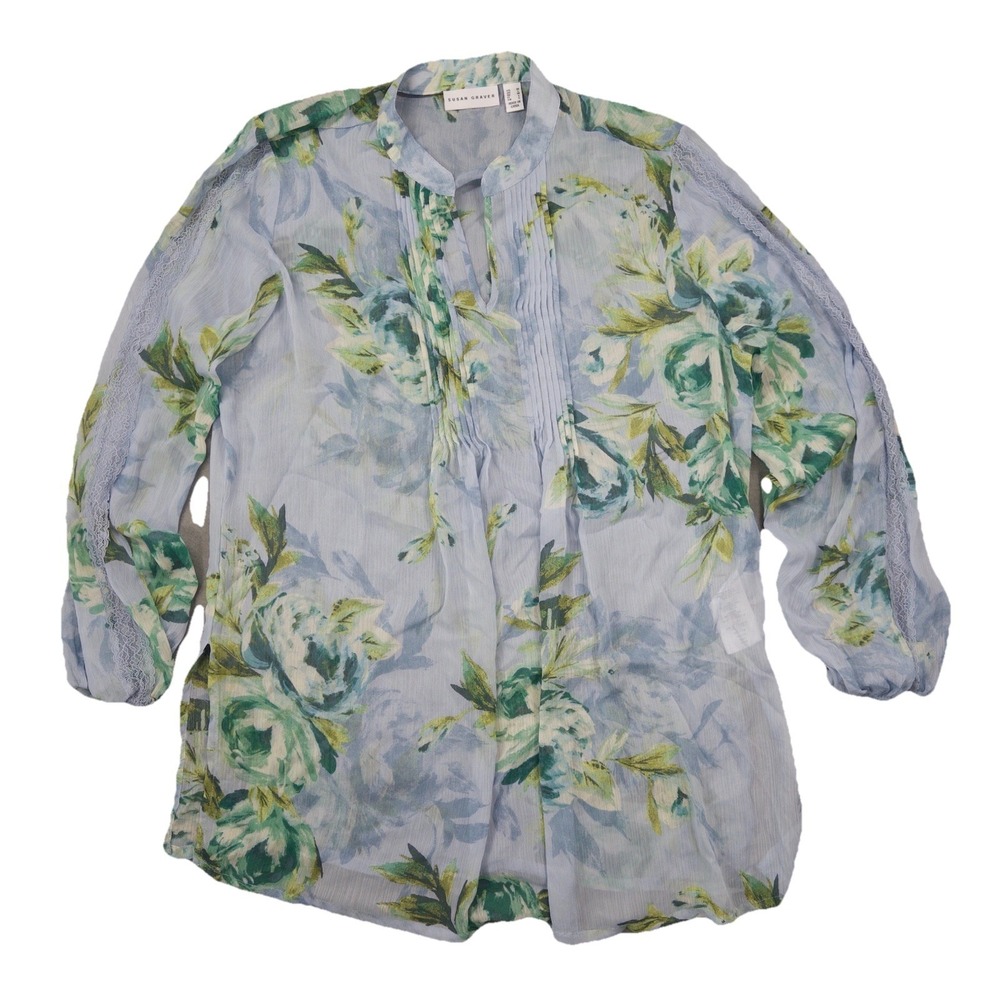 Susan Graver Floral Blouse Womens Medium Blue Green Lace Pintuck Pleat Top